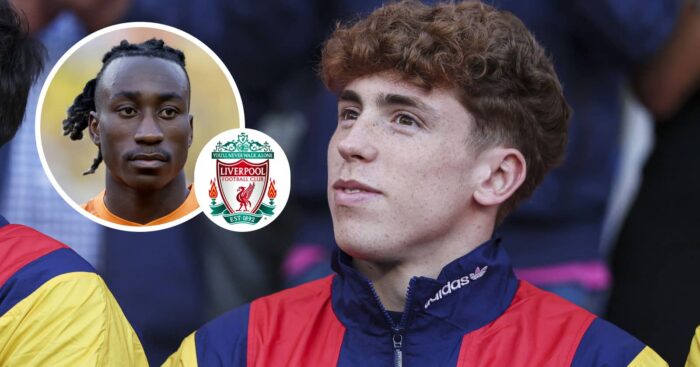 Victor Munoz and Yan Diomande with a Liverpool badge