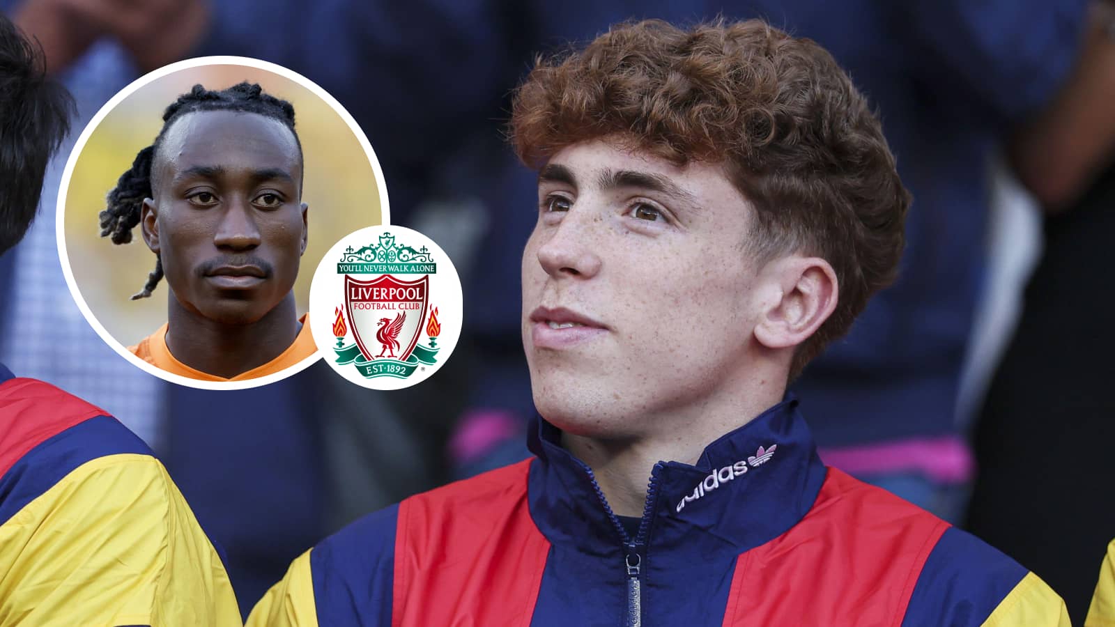 Victor Munoz and Yan Diomande with a Liverpool badge