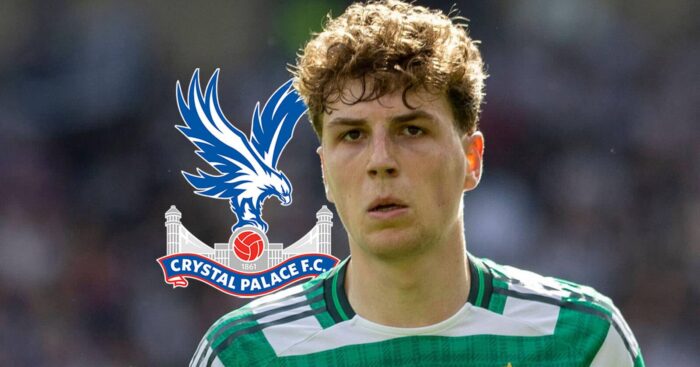 Celtic star Arne Engels with a Crystal Palace badge