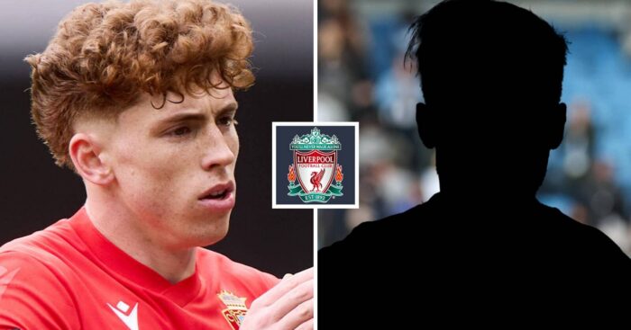 Split image of Osasuna winger Victor Munoz, who is joining Liverpool and a shadow, with the Liverpool badge in between - copyright TEAMtalk