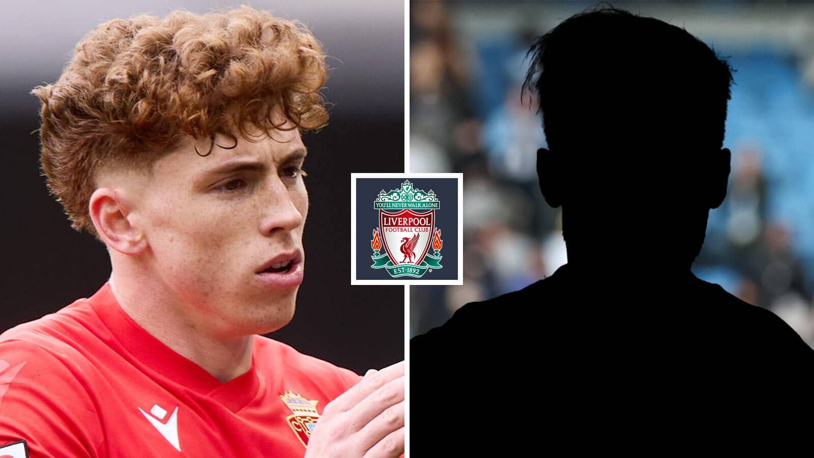 Split image of Osasuna winger Victor Munoz, who is joining Liverpool and a shadow, with the Liverpool badge in between - copyright TEAMtalk