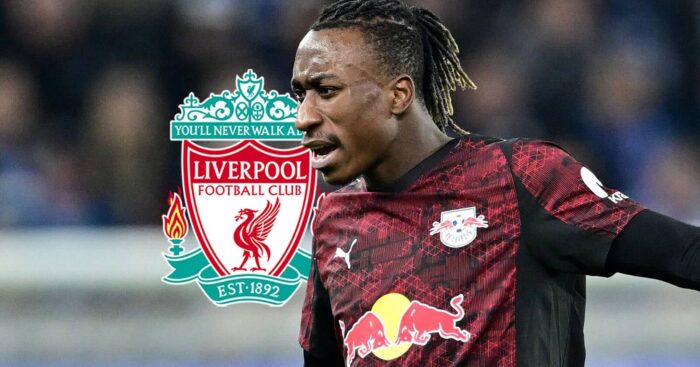 RB Leipzig winger Yan Diomande next to the Liverpool badge