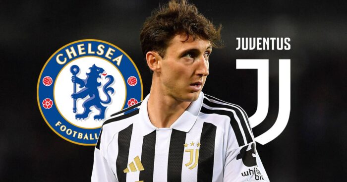 Andrea Cambiaso with Chelsea and Juventus badges