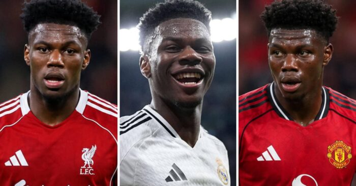 Real Madrid star Aurlien Tchouameni with a Liverpool shirt (left) and a Manchester United shirt (right) Photoshopped on him