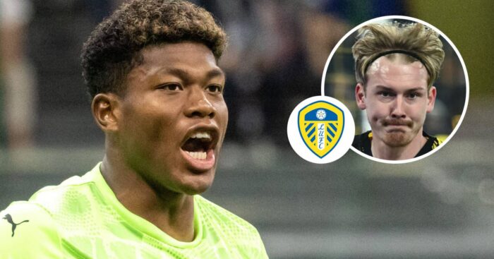 Parma goalkeeper Zion Suzuki and, inset, Julian Brandt next to the Leeds badge