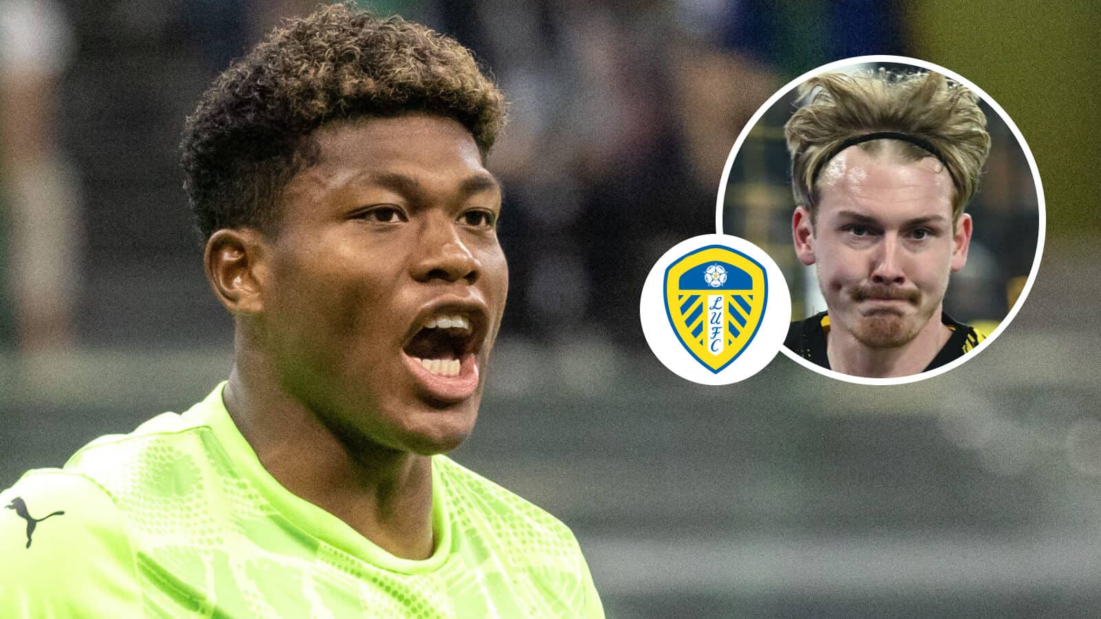 Parma goalkeeper Zion Suzuki and, inset, Julian Brandt next to the Leeds badge