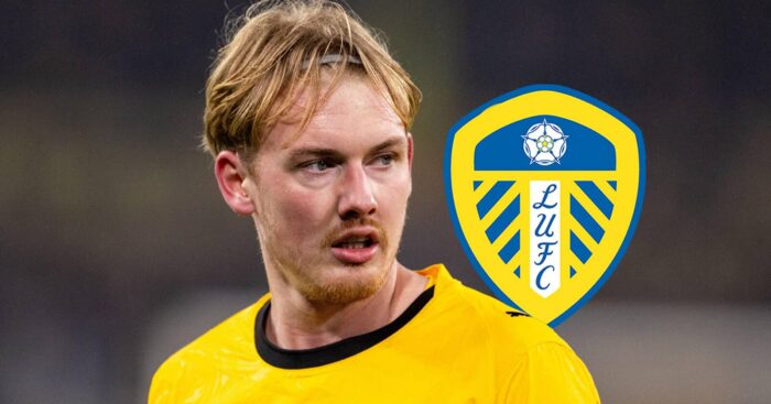 Departing Borussia Dortmund star Julian Brandt next to the Leeds United badge
