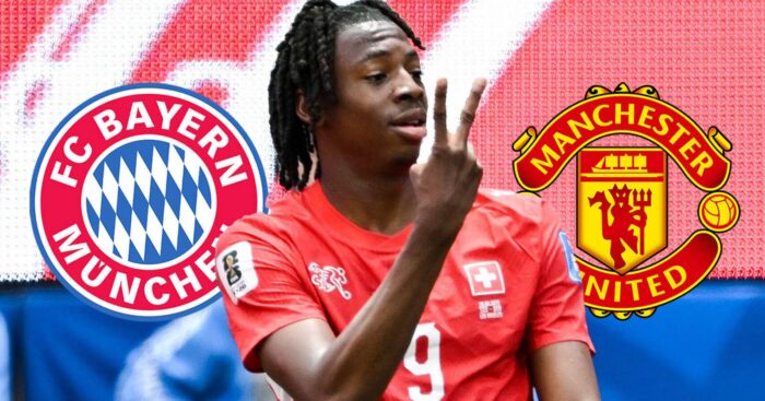 Johan Manzambi with Bayern, Man Utd badges