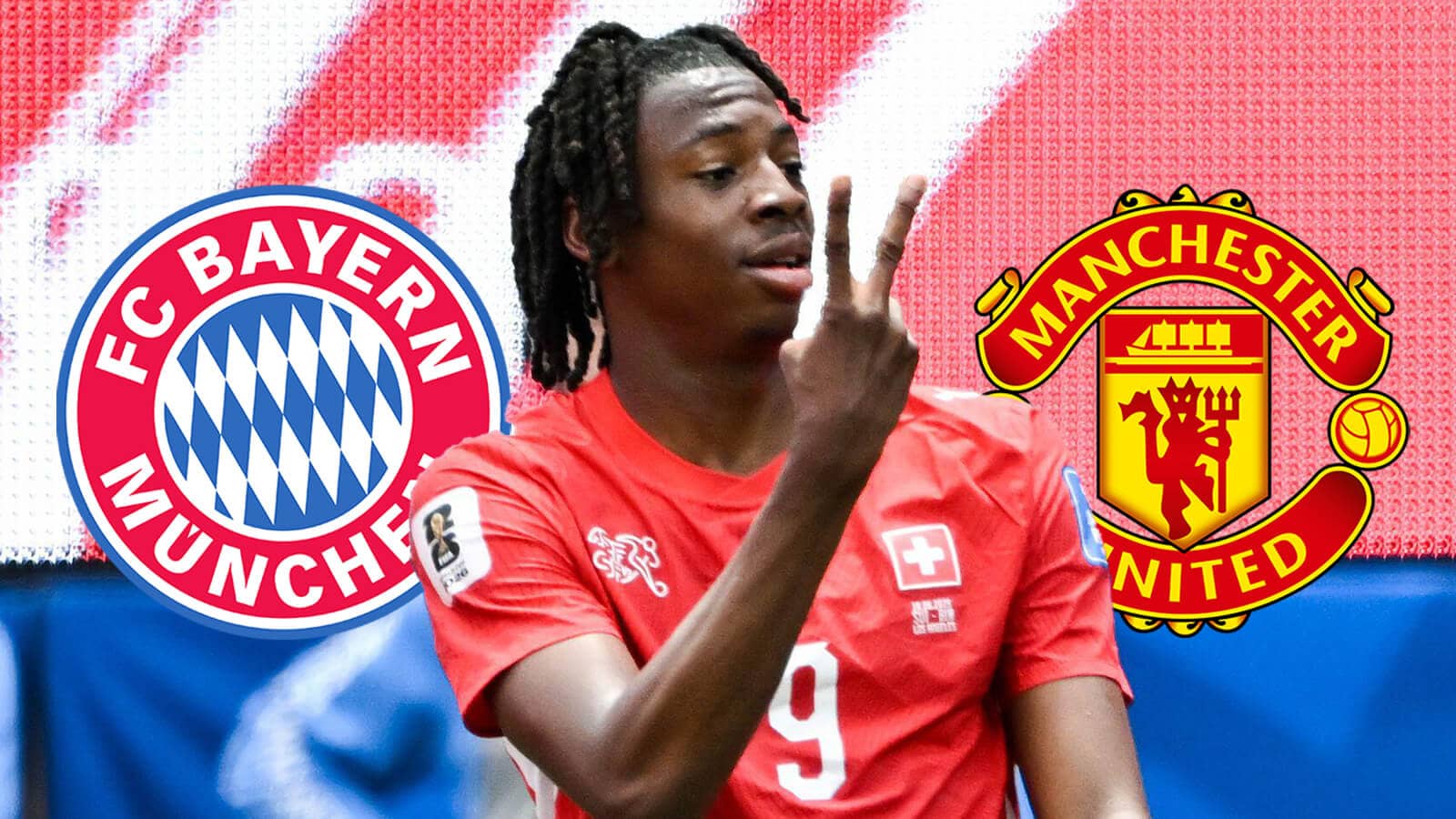 Johan Manzambi with Bayern, Man Utd badges