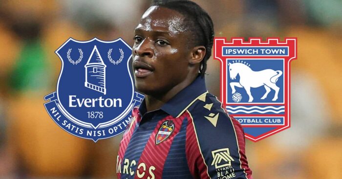 Levante's Karl Etta Eyong next to the badges of Everton and Ipswich Town