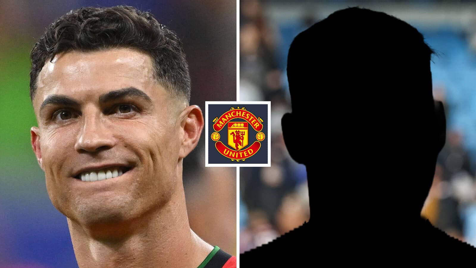 Split image of Former Manchester United star Cristiano Ronaldo and a shadow, with the Manchester United badge in between - copyright TEAMtalk
