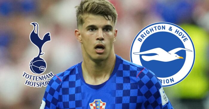 Croatia defender Luka Vuskovic next to the Tottenham Hotspur and Brighton badges