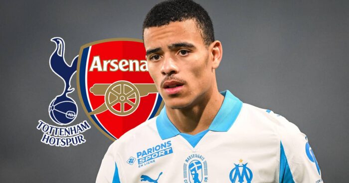 Marseille star Mason Greenwood next to the Arsenal and Tottenham Hotspur badges