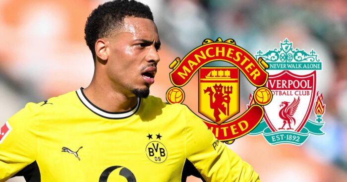 Borussia Dortmund midfielder Felix Nmecha next to the Manchester United and Liverpool badges