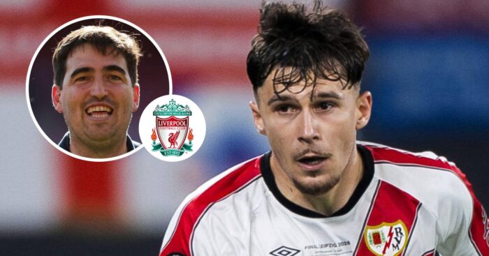Liverpool boss Andoni Iraola, inset, next to the club badge and Rayo Vallecano star Andrei Ratiu