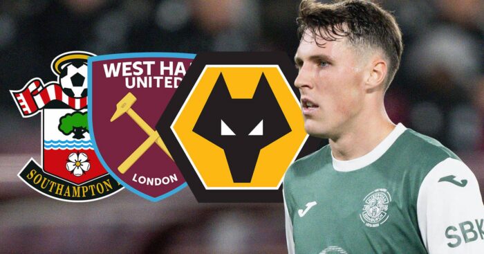 Hibs midfielder Josh Mulligan next to the badges of Wolves, West Ham and Southampton
