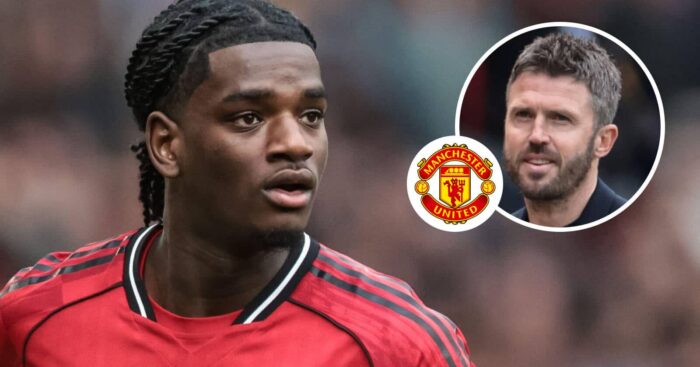 Manchester United boss Michael Carrick, inset, next to the club badge and their defender Ayden Heaven