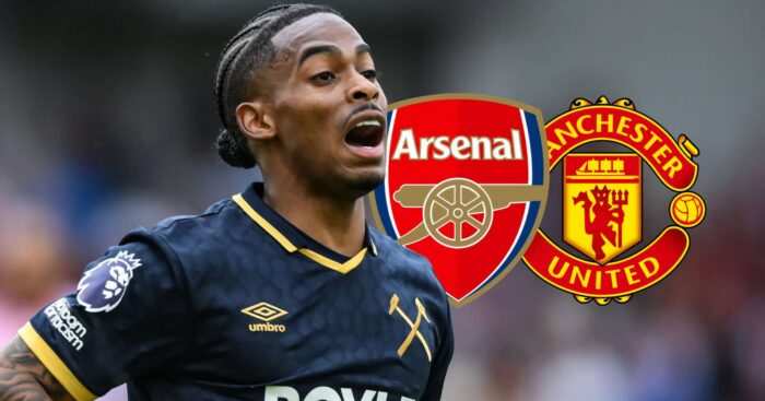 Crysencio Summerville with Arsenal and Man Utd badges