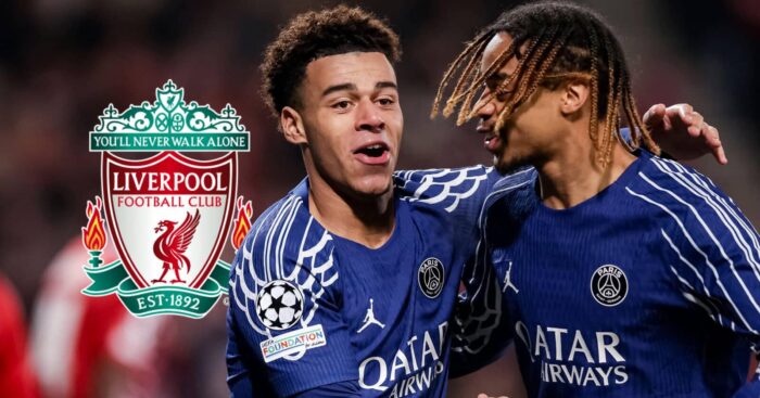 PSG stars PSG star Desire Doue and Bradley Barcola next to the Liverpool badge