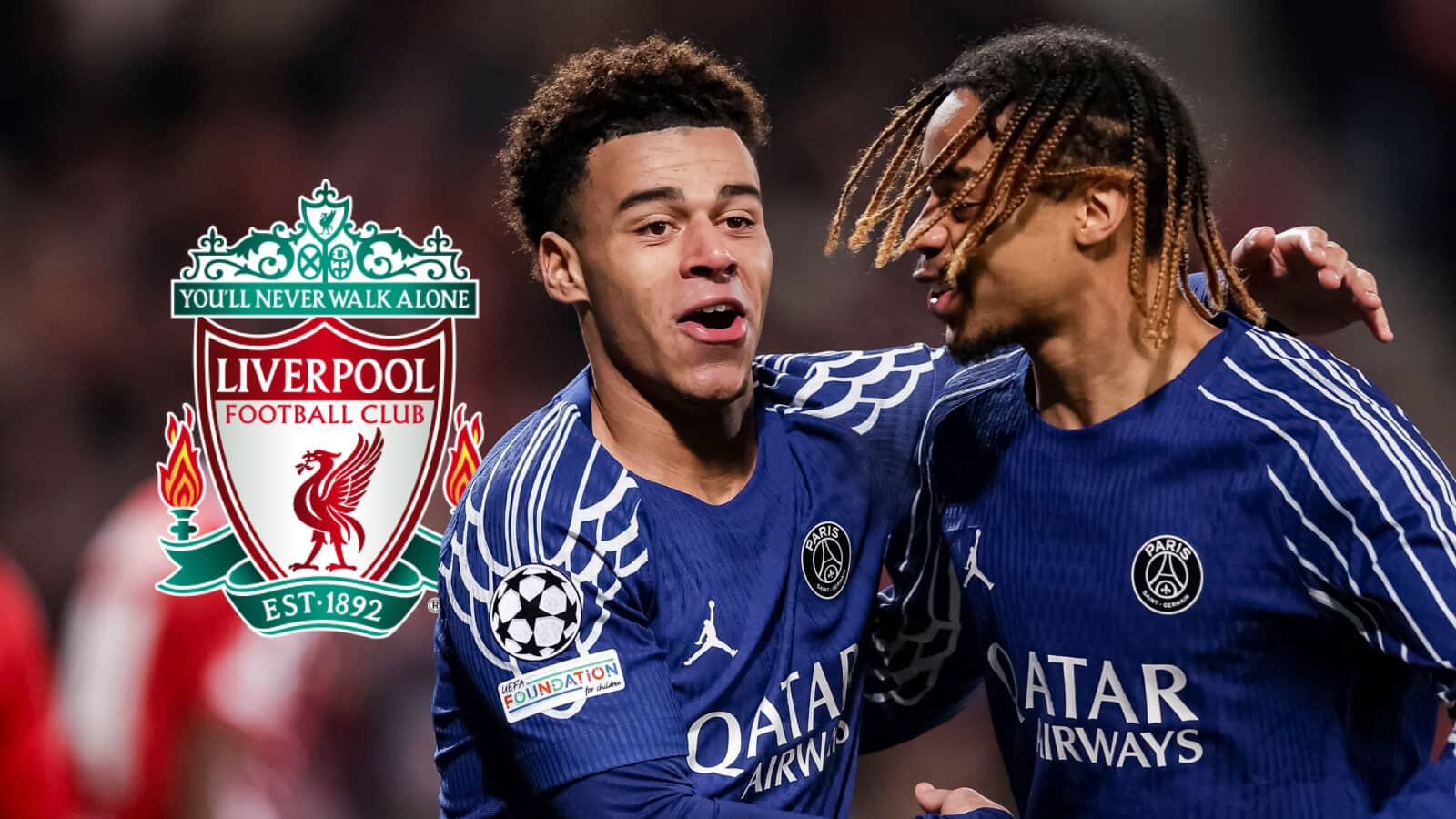 PSG stars PSG star Desire Doue and Bradley Barcola next to the Liverpool badge