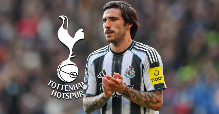 Newcastle midfielder Sandro Tonali with Tottenham badge
