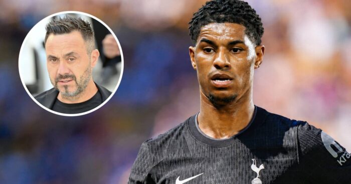 Tottenham Hotspur manager Roberto De Zerbi, inset, is keen to sign Marcus Rashford - the player is seen here with a Tottenham Hotspur shirt Photoshopped on him