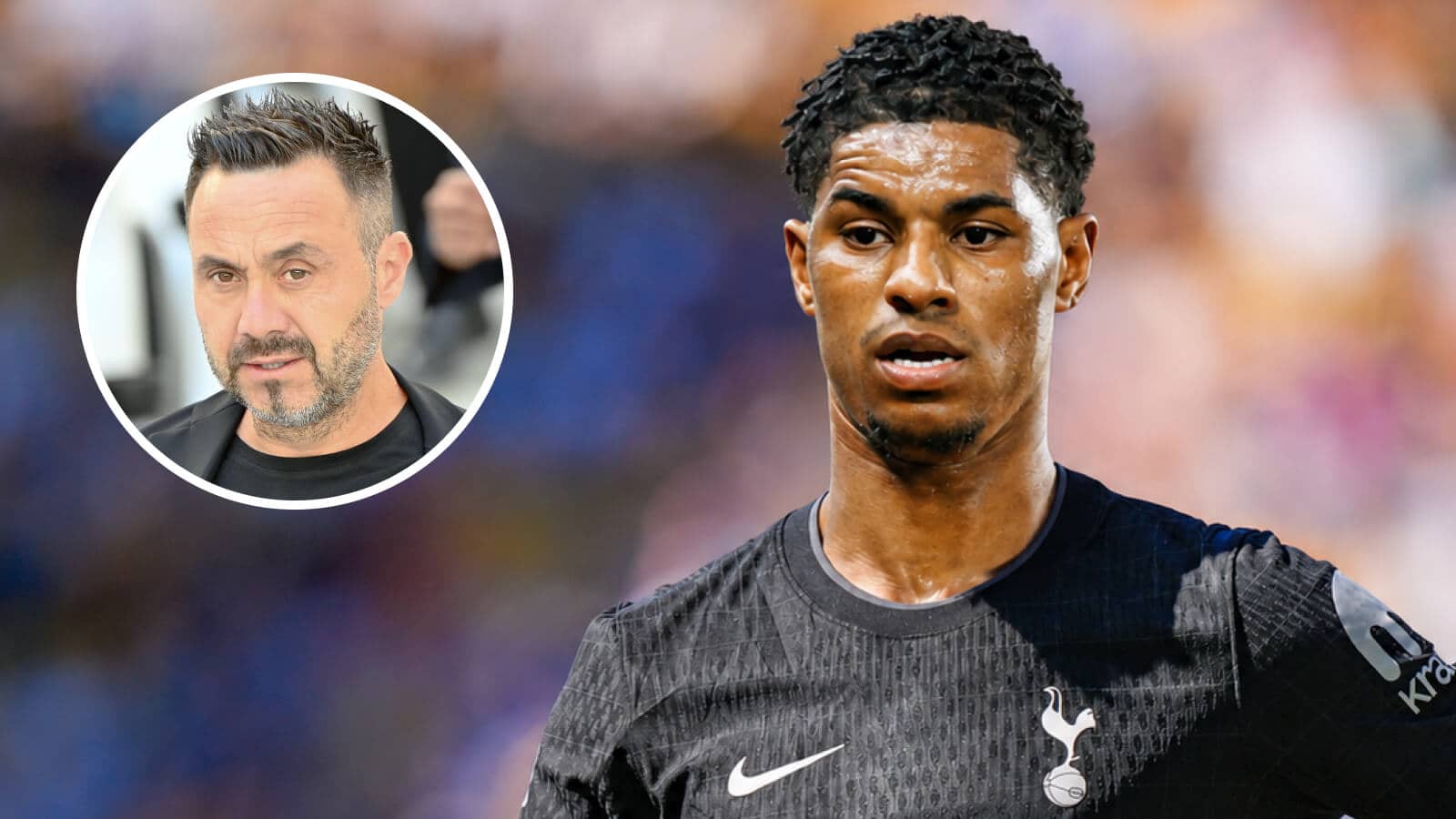Tottenham Hotspur manager Roberto De Zerbi, inset, is keen to sign Marcus Rashford - the player is seen here with a Tottenham Hotspur shirt Photoshopped on him