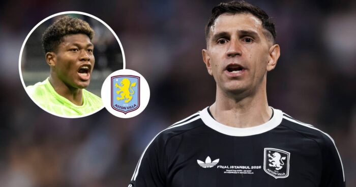 Aston Villa could look to replace Emiliano Martinez with Zion Suzuki, inset, seen next to the Aston Villa badge