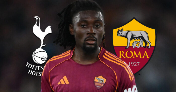 Roma midfielder Man Kone with Tottenham badge