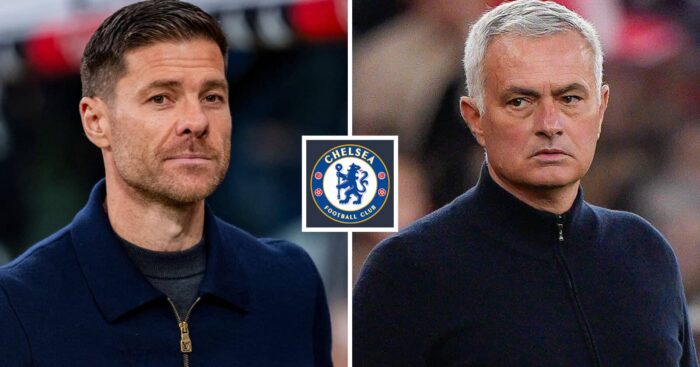 Split image of Chelsea manager Xabi Alonso and Real Madrid manager Jose Mourinho with the Chelsea badge in between - copyright TEAMtalk
