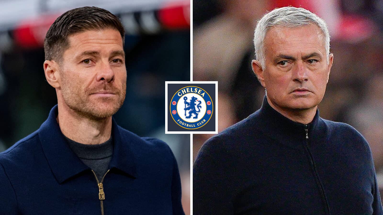 Split image of Chelsea manager Xabi Alonso and Real Madrid manager Jose Mourinho with the Chelsea badge in between - copyright TEAMtalk