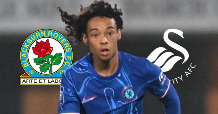 Chelsea star Kiano Dyer with Blackburn Rovers and Swansea badges