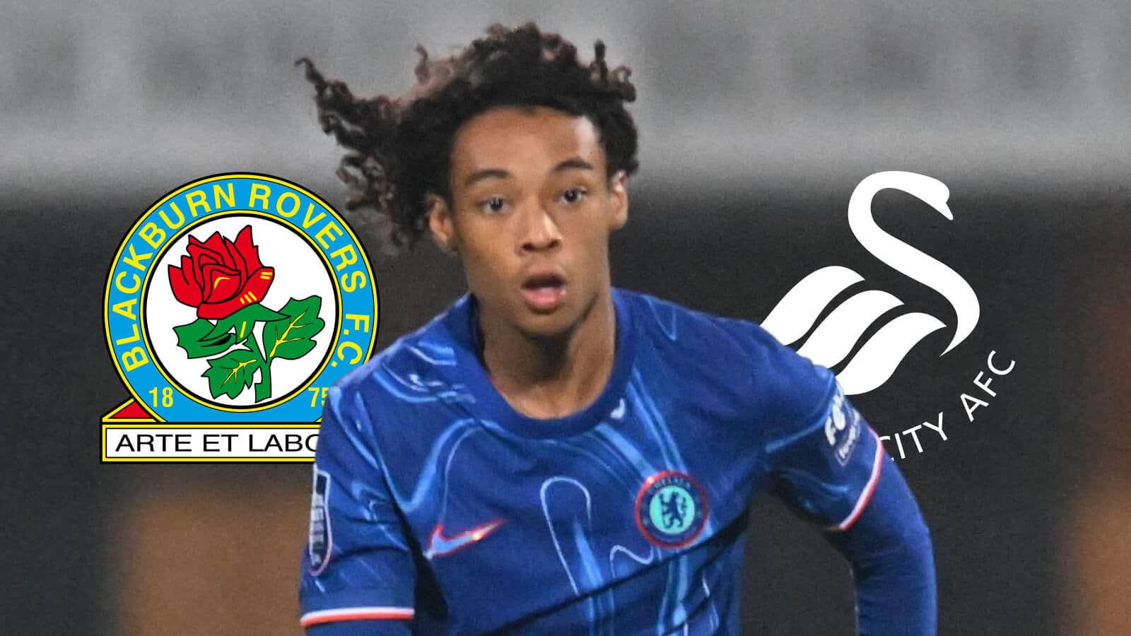 Chelsea star Kiano Dyer with Blackburn Rovers and Swansea badges