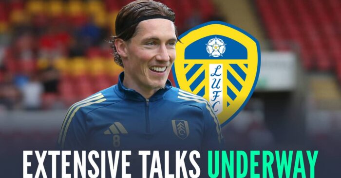 Departing Fulham star Harry Wilson next to the Leeds United badge and the words 'extensive talks underway'