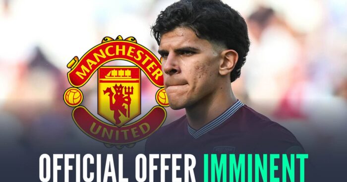 West Ham star Mateus Fernandes next to the Manchester United badge and the words 'official offer imminent'
