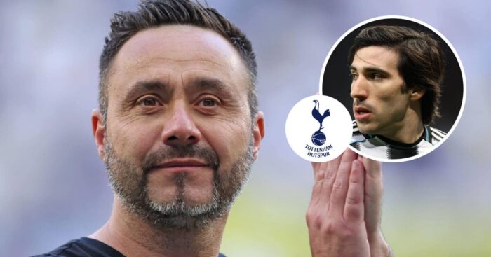 Tottenham Hotspur manager Roberto De Zerbi, Tottenham Hotspur badge and Newcastle United midfielder Sandro Tonali - copyright TEAMtalk