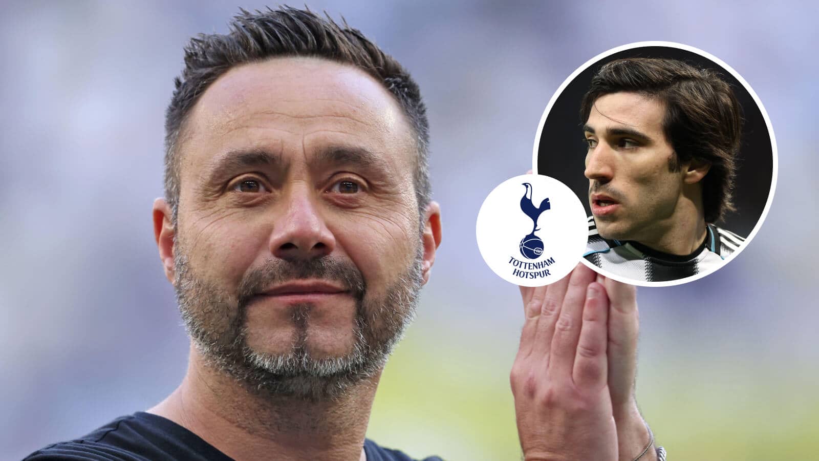 Tottenham Hotspur manager Roberto De Zerbi, Tottenham Hotspur badge and Newcastle United midfielder Sandro Tonali - copyright TEAMtalk