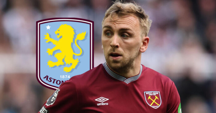 West Ham star Jarrod Bowen and an Aston Villa badge