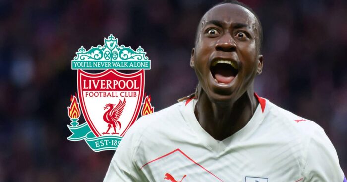 RB Leipzig star Yan Diomande next to the Liverpool badge