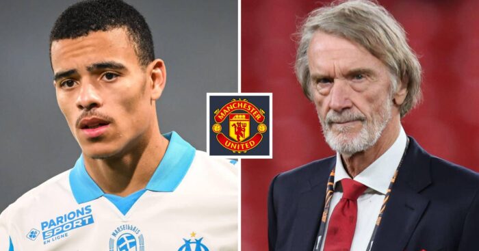 Marseille forward Mason Greenwood and Manchester United co-owner Sir Jim Ratcliffe next to the Manchester United badge