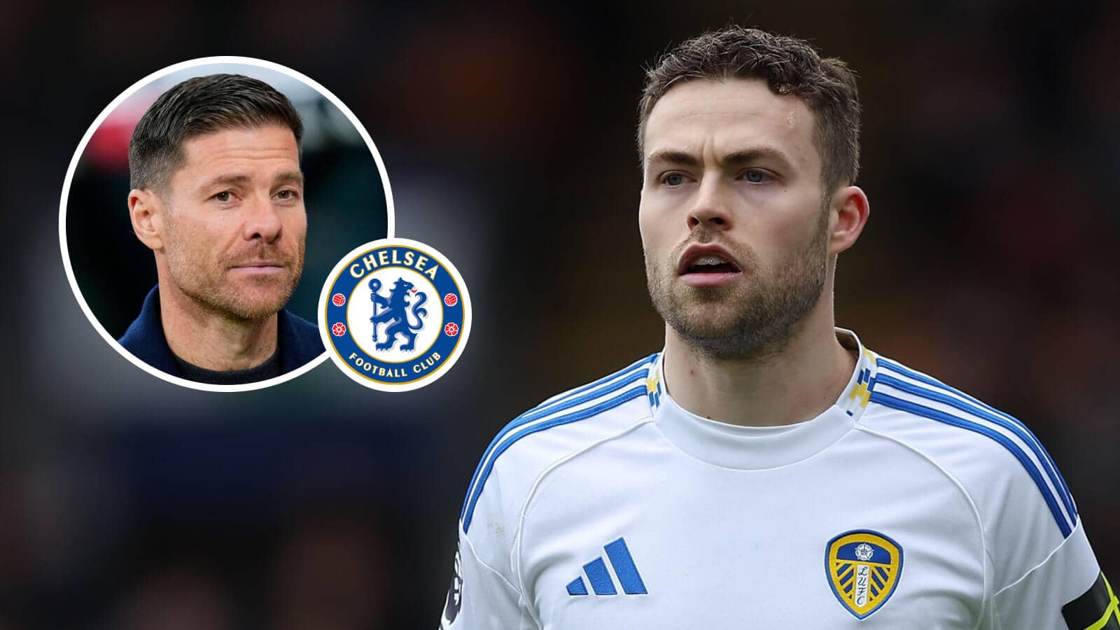 Leeds star Gabriel Gudmundsson is a target for Xabi Alonso, inset, seen here next to the Chelsea badge