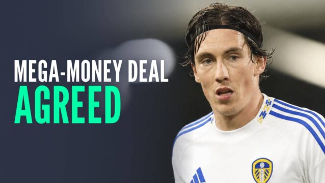Wales star Harry Wilson with a Leeds United shirt Photoshopped on him and the words 'mega-money deal agreed'