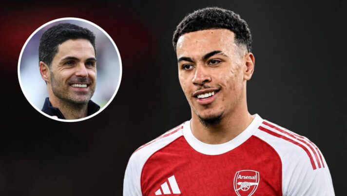 Aston Villa star Morgan Rogers with an Arsenal shirt Photoshopped on him and a smiling Mikel Arteta, inset