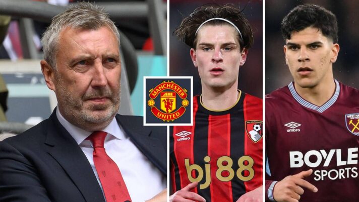 Manchester United director of football Jason Wilcox next to Bournemouth's Alex Scott, Mateus Fernandes of SWest Ham and the Manchester United badge