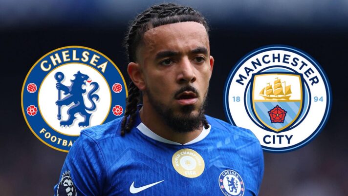 Malo Gusto with Chelsea and Man City badges