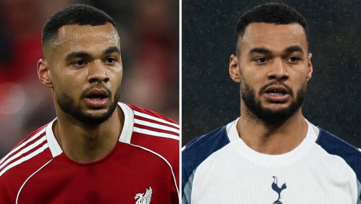 Liverpool winger Cody Gakpo in club colours next to the same player with a Tottenham Hotspur shirt Photoshopped on him