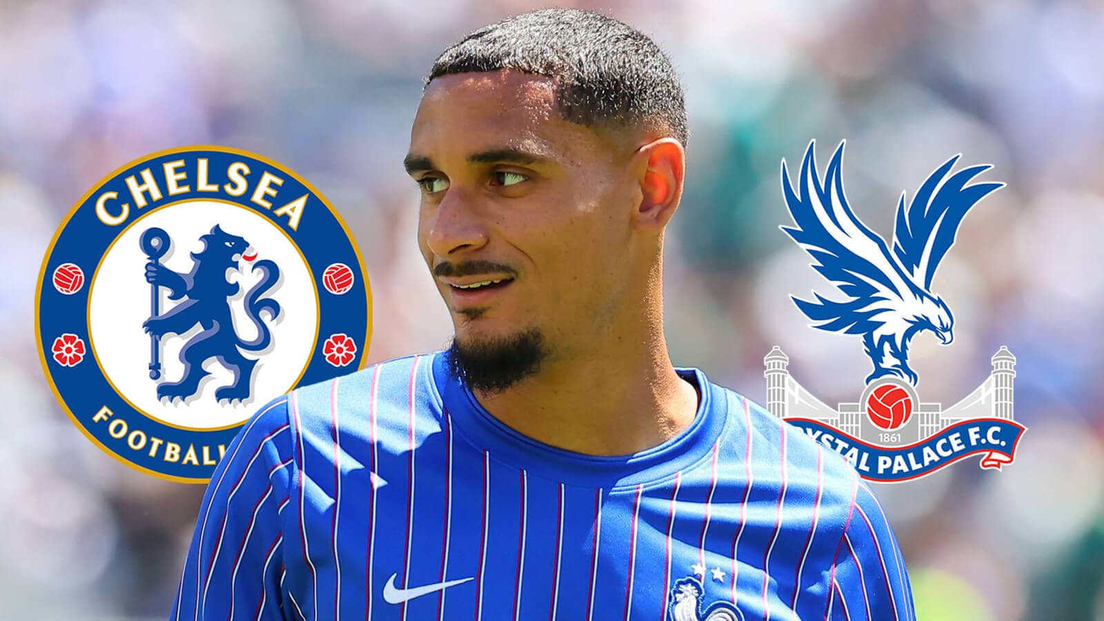 France international defender Maxence Lacroix next to the badges of Chelsea and his current side Crystal Palace