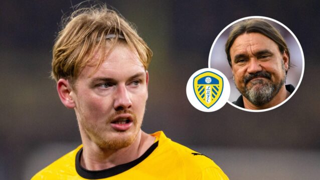 Leeds boss Daniel Farke, inset, next to the club badge and German playmaker Julian Brandt, a confirmed summer target