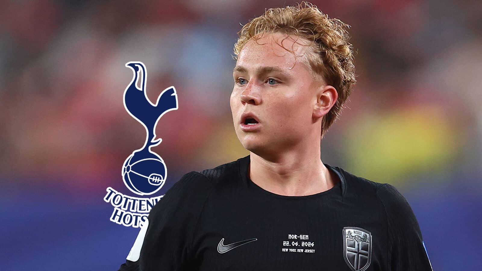 Benfica winger Andreas Schjelderup with Tottenham badge