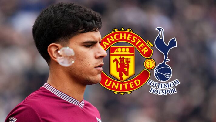 West Ham star Mateus Fernandes next to the badges of Manchester United and Tottenham Hotspur